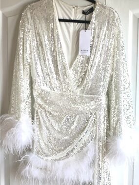 AKIRA Fur White Long Sleeve Silver Sequin Dress